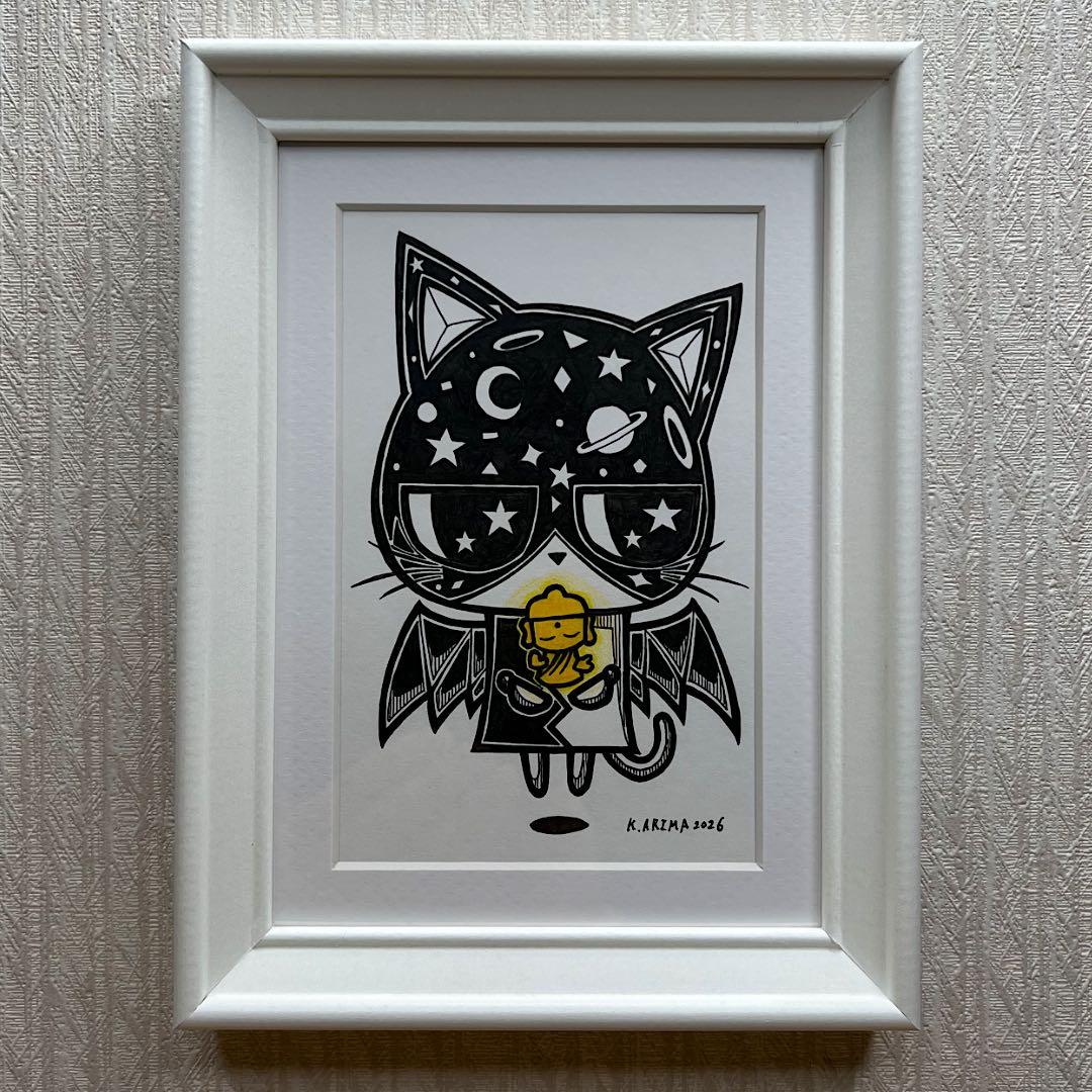 動物 原画 絵 手描き 癒し 猫 仏様 一点物 額縁付き 『ほとけニャン』