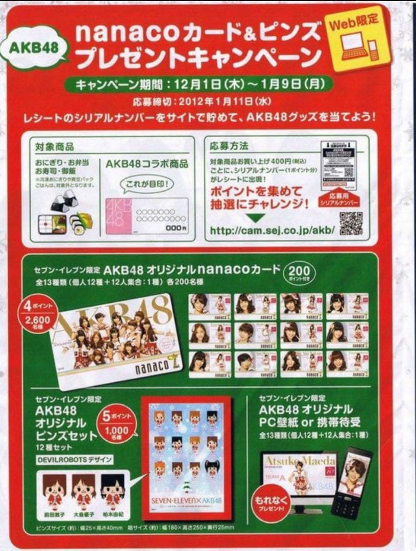 当選品　セブンイレブン　AKB48 キャンペーン　篠田麻里子 nanacoカード