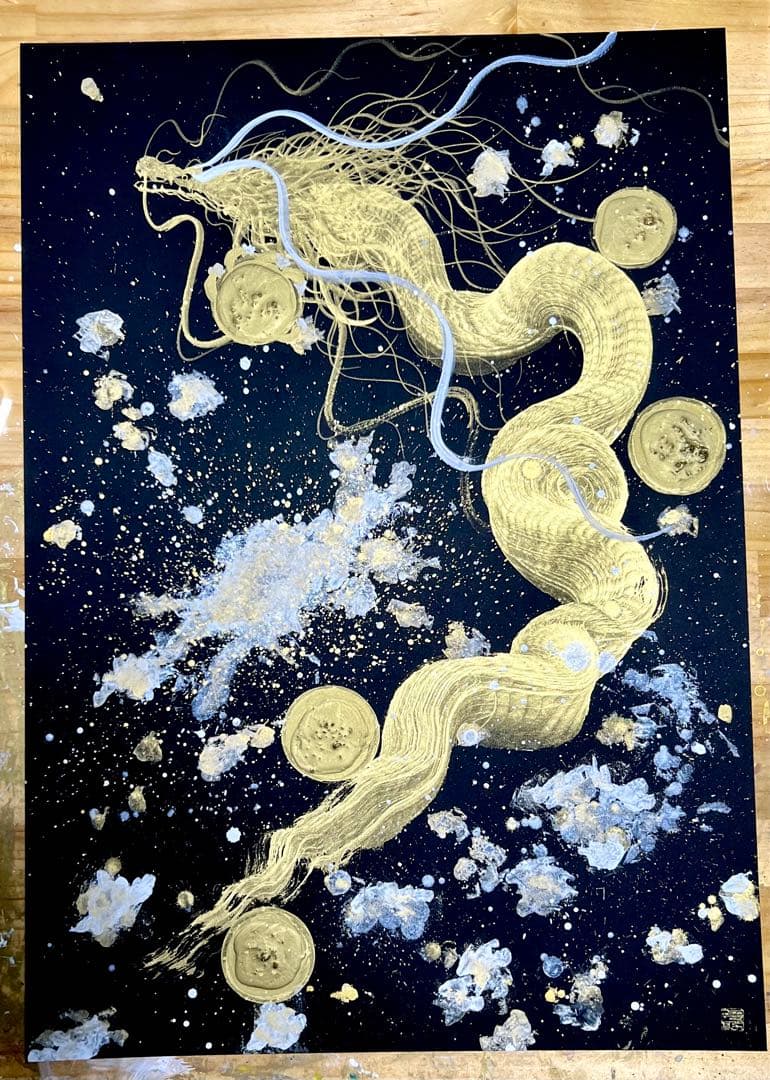 B2サイズ特大　【黄金龍】　開運　置物　龍　絵画　一筆龍　隕石
