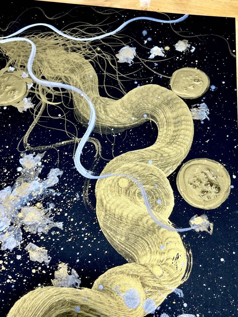B2サイズ特大　【黄金龍】　開運　置物　龍　絵画　一筆龍　隕石