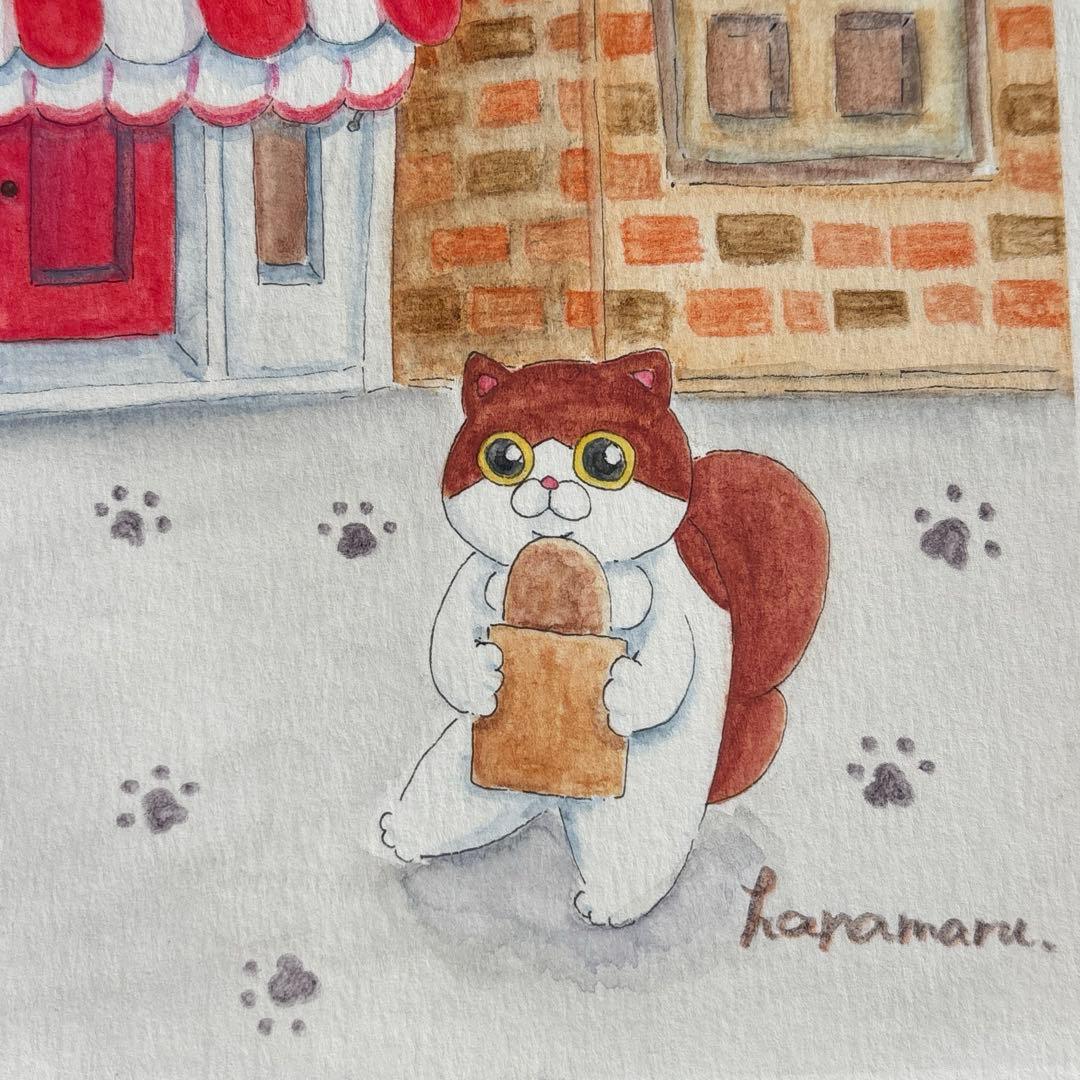 原画　ヨーロッパ風　猫の街　手描きイラスト　水彩　風景　街並み　猫　アナログ
