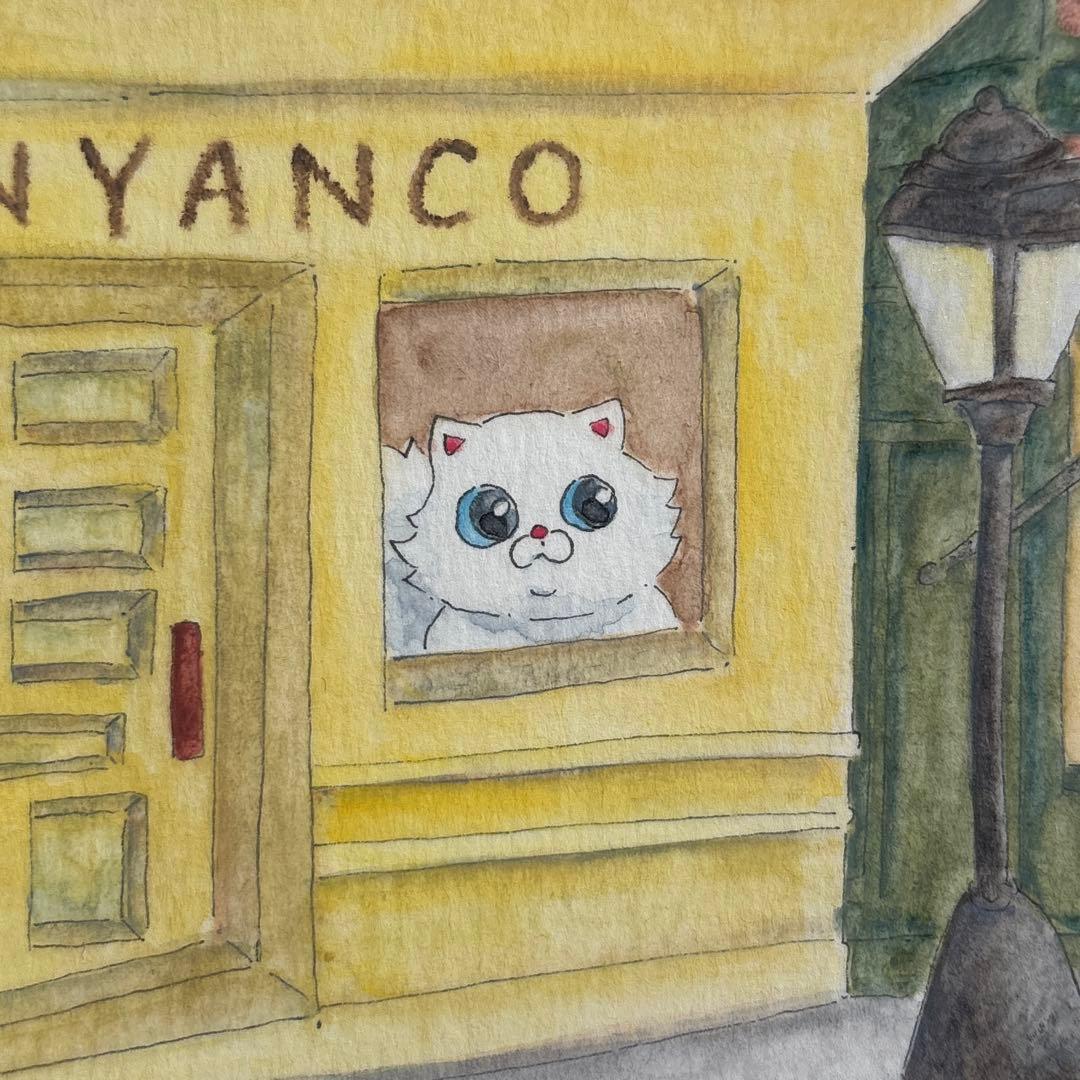 原画　ヨーロッパ風　猫の街　手描きイラスト　水彩　風景　街並み　猫　アナログ