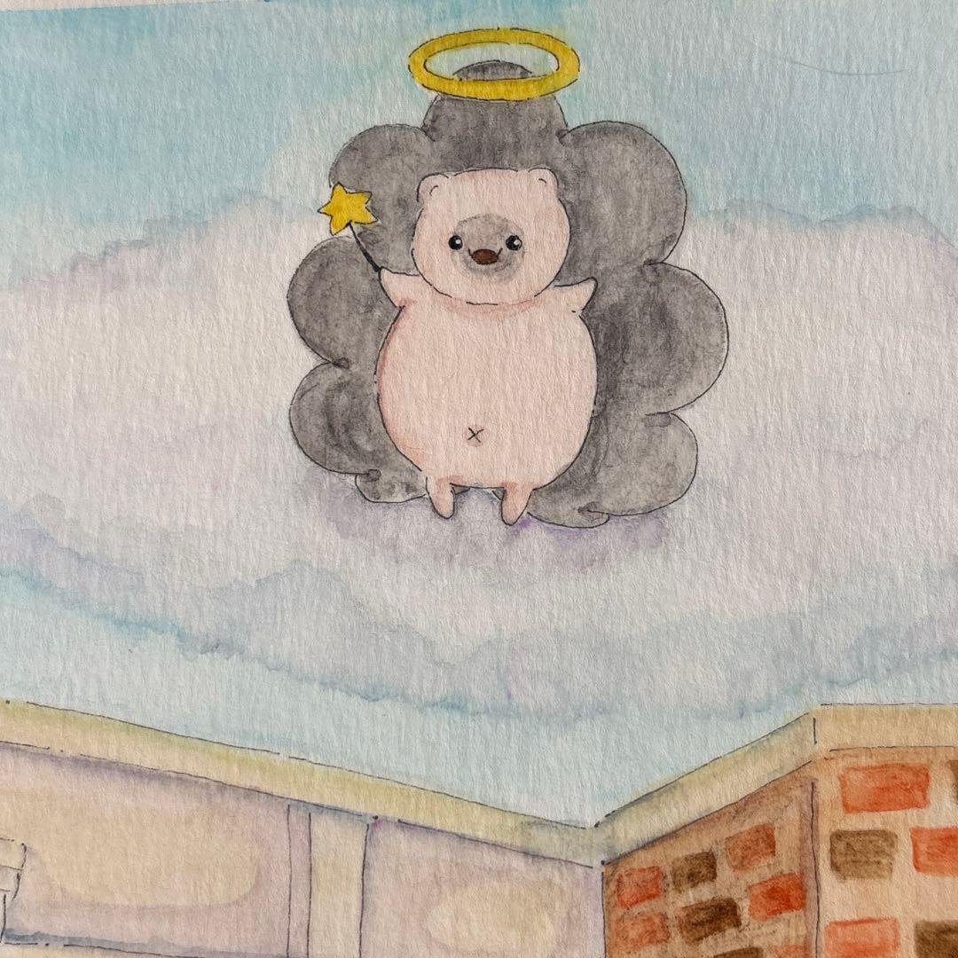 原画　ヨーロッパ風　猫の街　手描きイラスト　水彩　風景　街並み　猫　アナログ