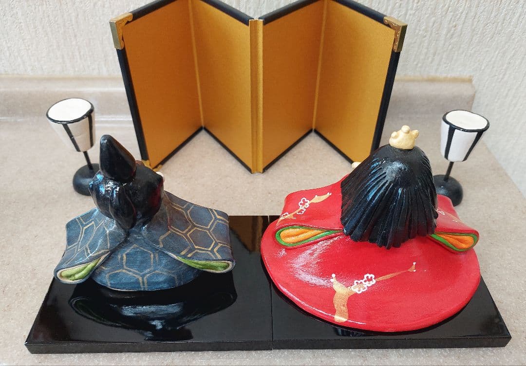 【紙粘土ハンドメイド】ひな人形 背景屏風付き