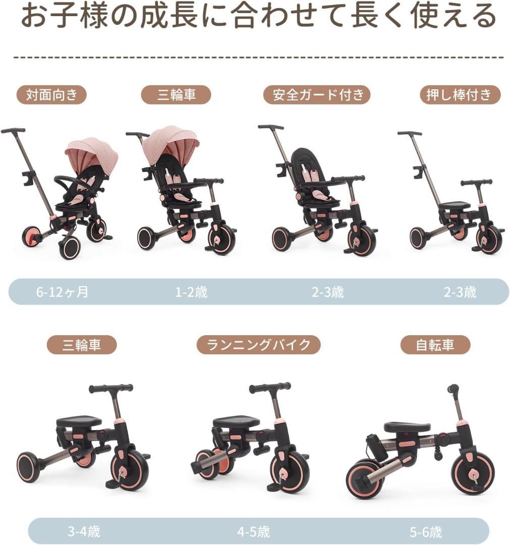 折りたたみ式三輪車 7in1 手押し付き｜1〜3歳対応｜日よけ付き（ピンク）