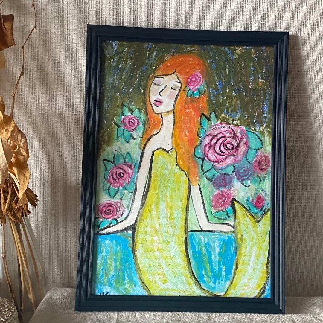 絵画。壁掛け絵原画手描き【花が咲き乱れる岸辺にいる美しい人魚姫】