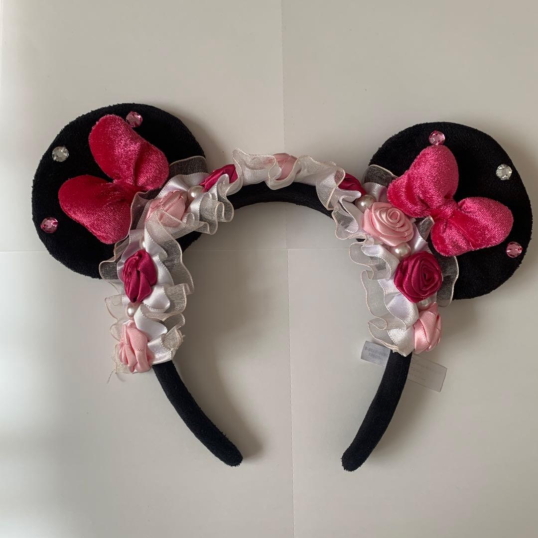 ディズニーカチューシャ薔薇　ミニー　ピンク　レース