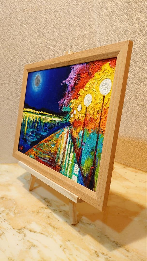 油絵 絵画【湖のライトアップ 】