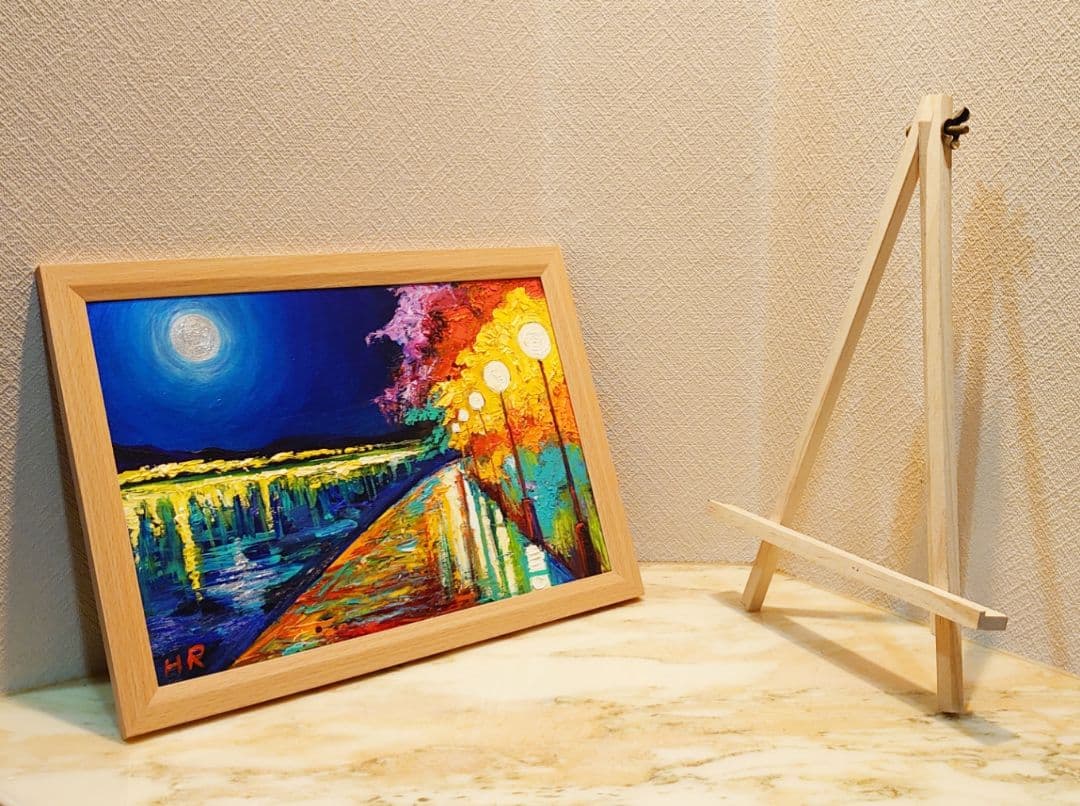 油絵 絵画【湖のライトアップ 】