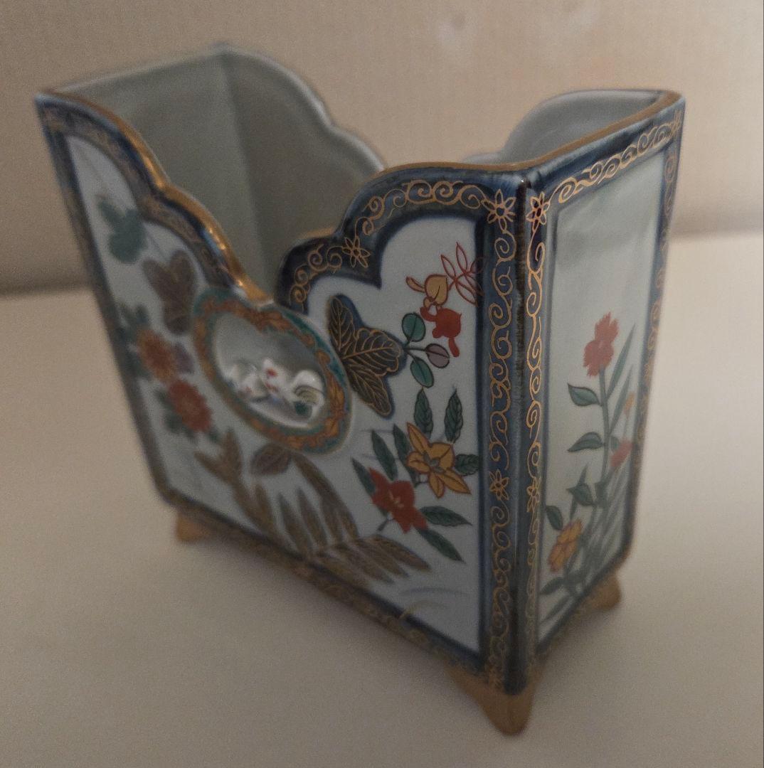 波佐見焼 林九郎窯 色絵金彩鶏彫 ナプキンスタンド&楊枝入 2点