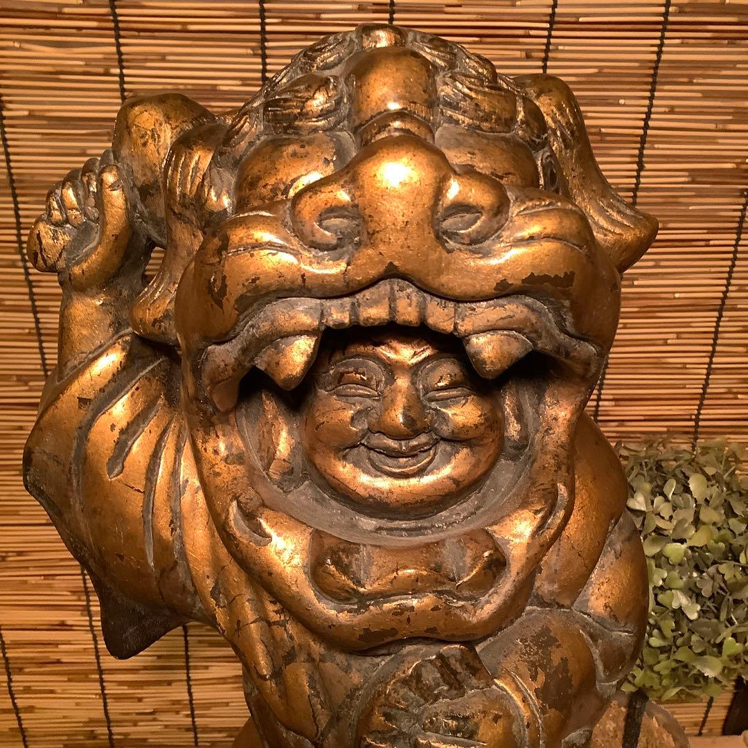 明治・伊勢大黒舞「獅子被大黒天」伊勢神宮・獅子頭・祝事・財福・特大金彩木彫・奉納
