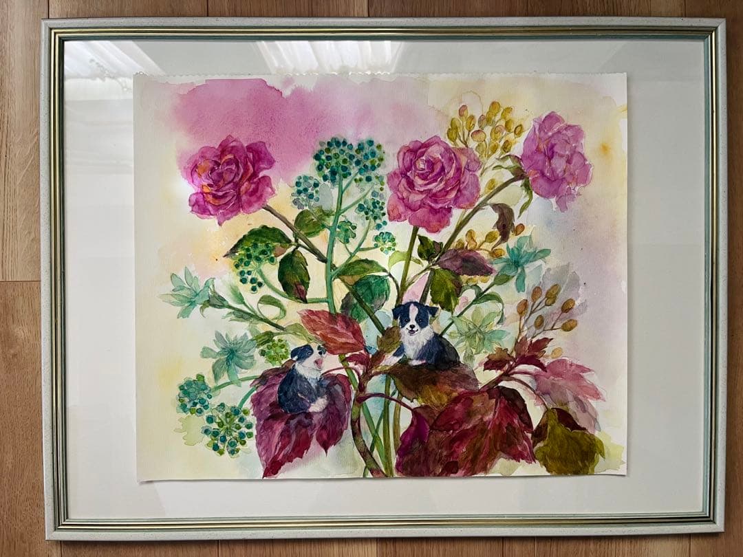 薔薇と子犬　水彩画　ボーダーコリー