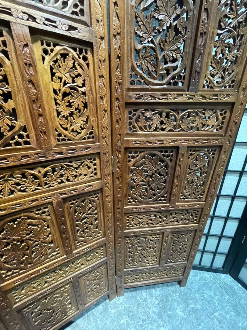 ★木製透かし彫り 4連パーテーションアジアン 衝立木製彫刻パーテーション