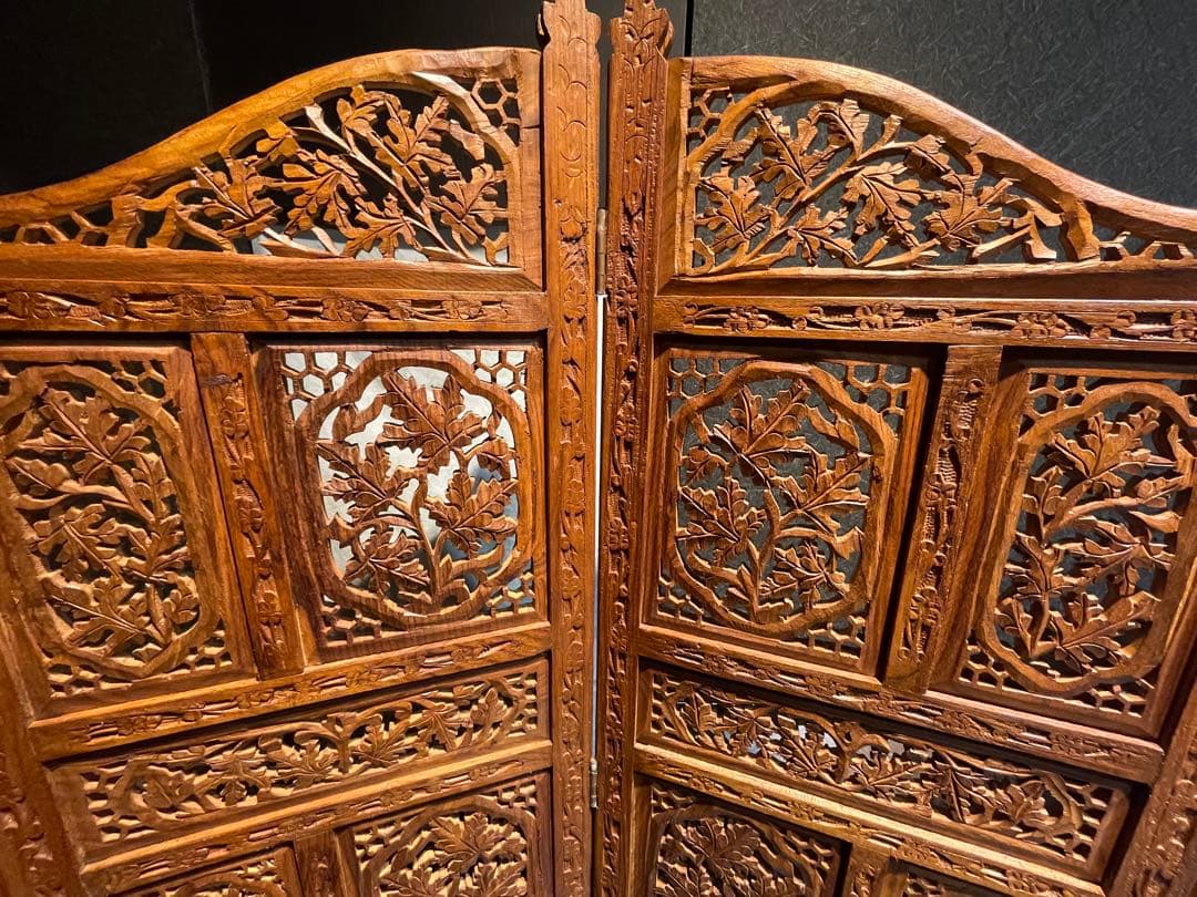 ★木製透かし彫り 4連パーテーションアジアン 衝立木製彫刻パーテーション