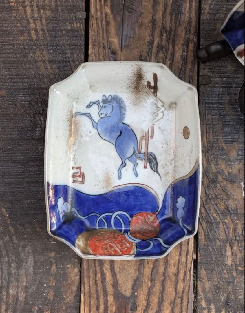 古伊万里 染付色絵 馬図 変形小皿 五皿セット 午年 干支 コレクション