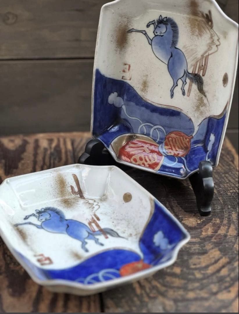 古伊万里 染付色絵 馬図 変形小皿 五皿セット 午年 干支 コレクション