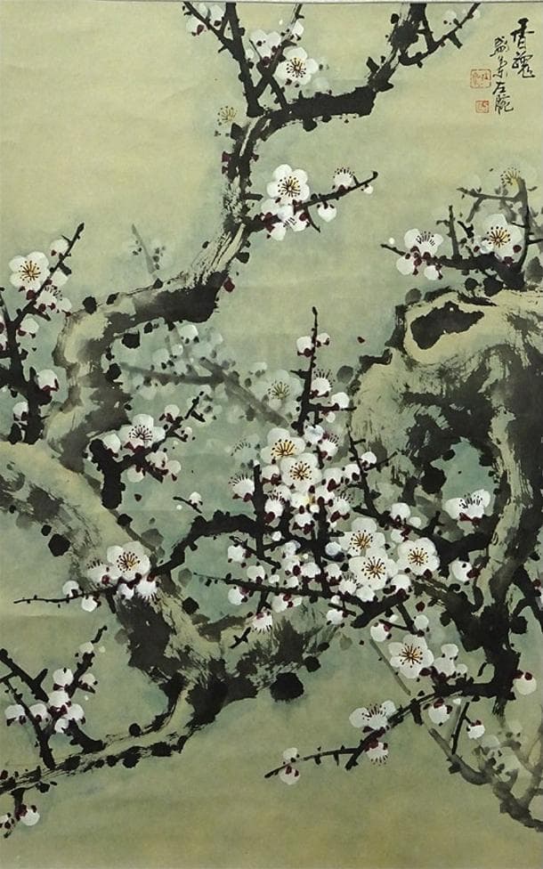 掛軸 在銘(作者不明)『白梅図』中国画 紙本 肉筆 箱付 掛け軸 w102210