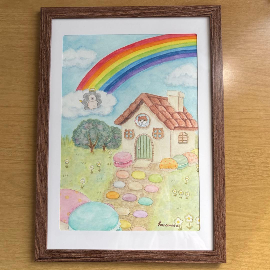 原画　水彩　手描きイラスト　アナログ　風景　猫　虹　ファンタジー　フレーム付き
