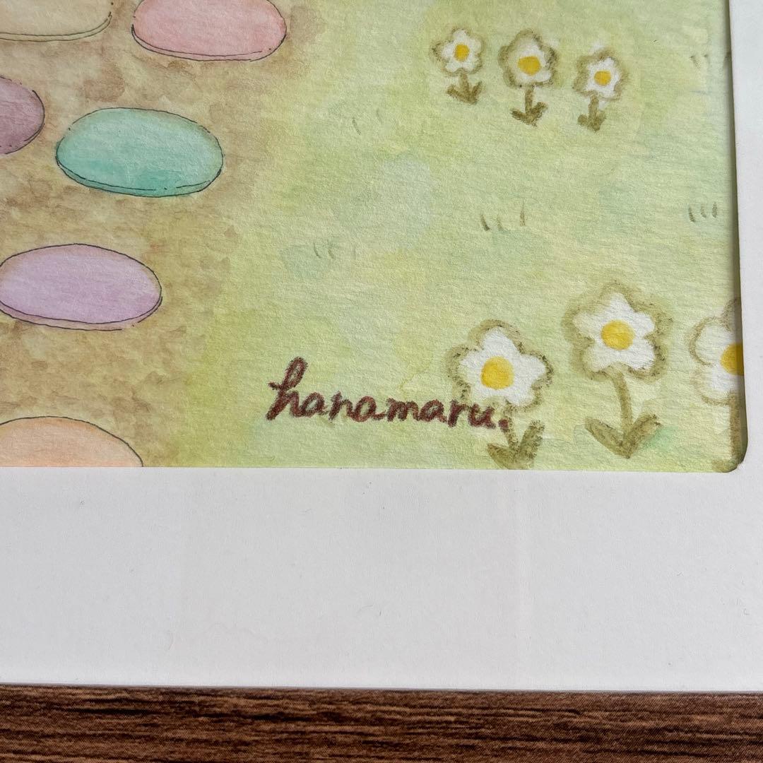 原画　水彩　手描きイラスト　アナログ　風景　猫　虹　ファンタジー　フレーム付き