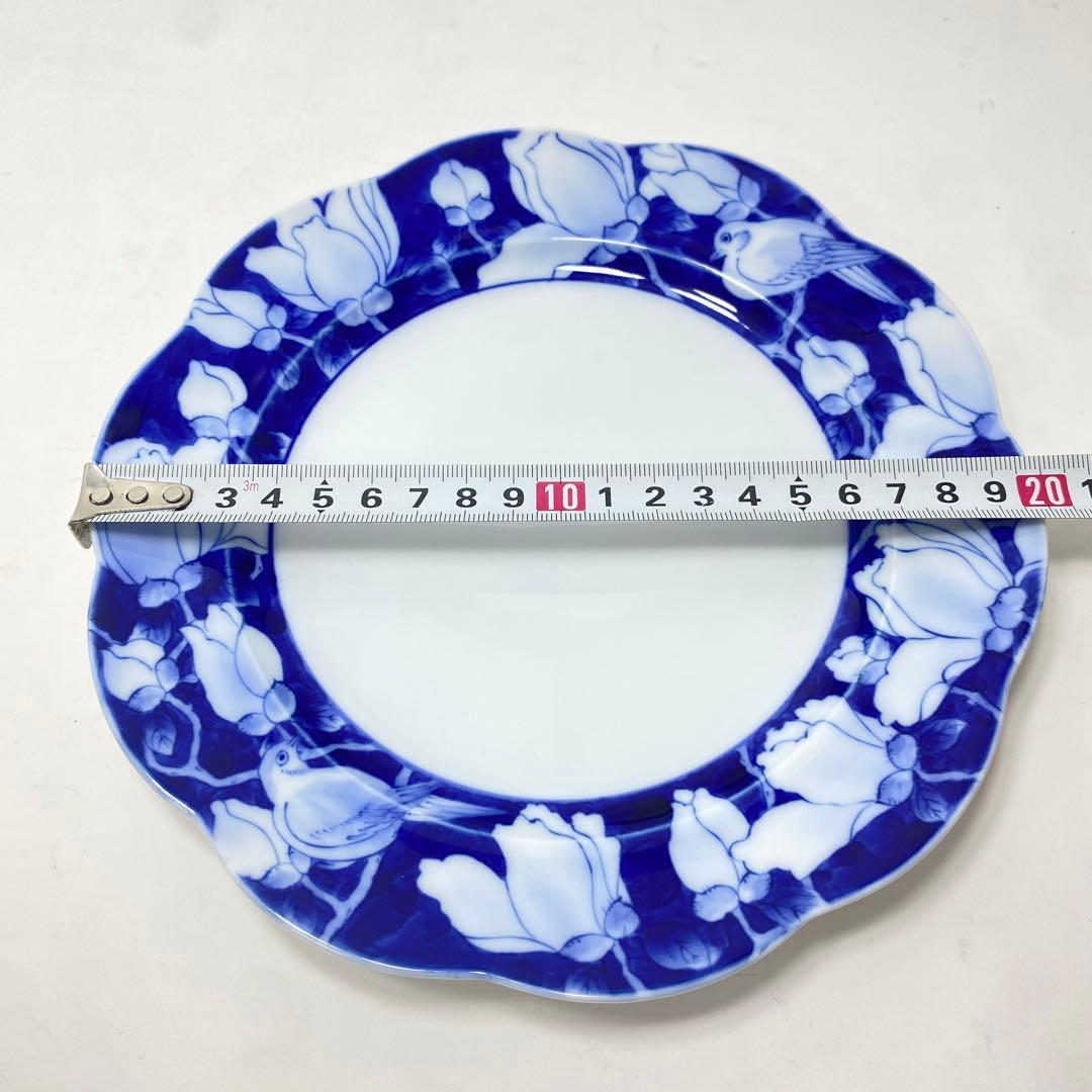 【未使用品】深川製 染付 花鳥外濃 ケーキ皿 直径 約20cm 宮内庁御用達