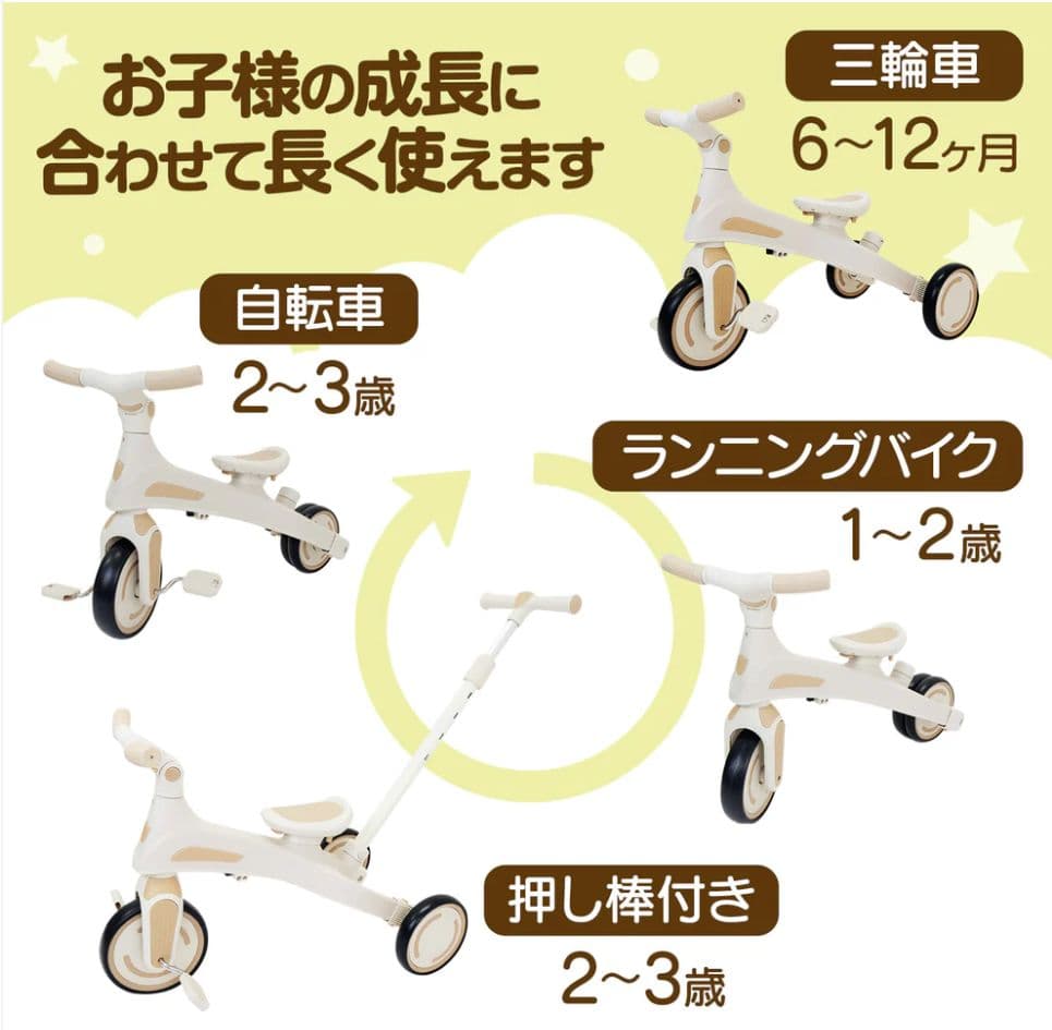 【新品】多機能三輪車 ベージュ 7in1 折りたたみ式 安全設計1歳〜5歳