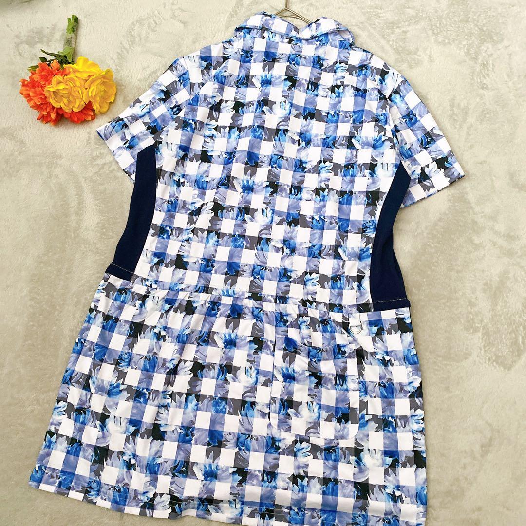 【美品】マリクレールスポール ゴルフワンピース LL 花柄 チェック 青 紺