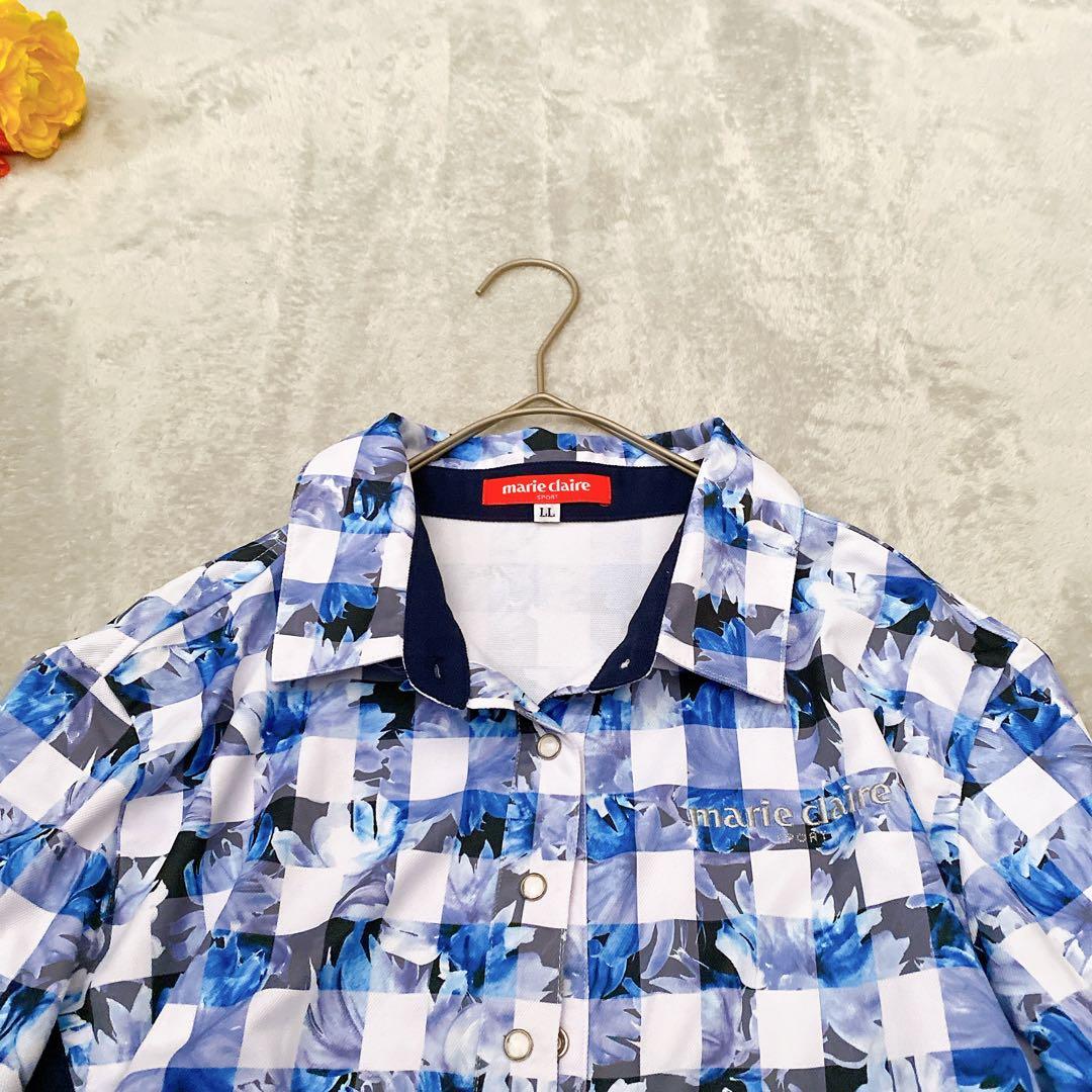 【美品】マリクレールスポール ゴルフワンピース LL 花柄 チェック 青 紺