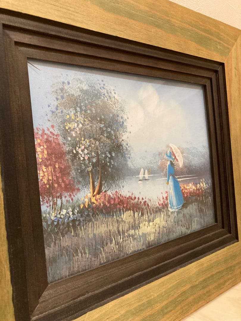 直筆絵画　女性と湖の風景