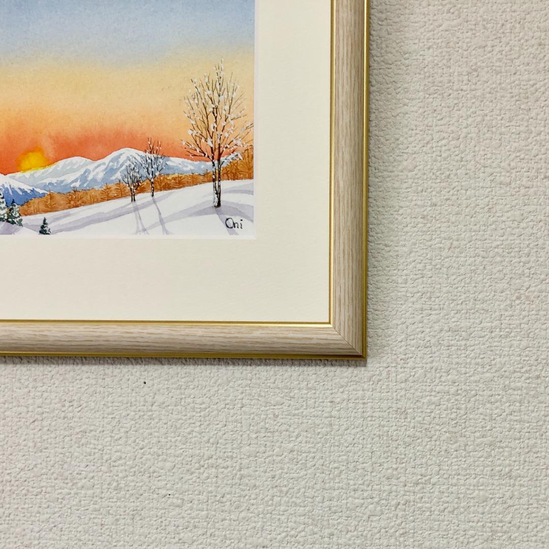 透明水彩画　原画　「冬の朝」額縁付　SMサイズ　風景画