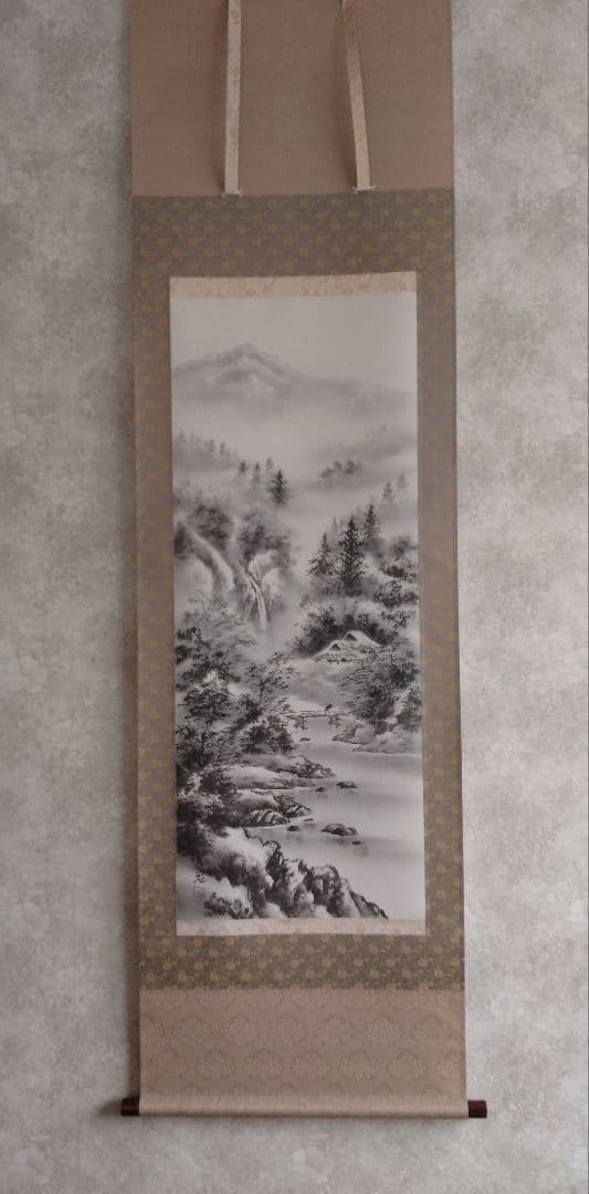 掛軸 水墨山水、やすらぎの日本の風景　 青治作　一年中飾れるので一本目にも最適