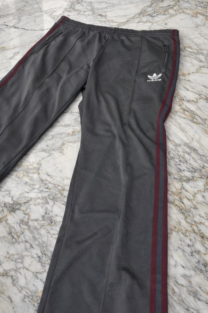 00s adidas トラックパンツ フレア L グレー×ボルドー Y2K