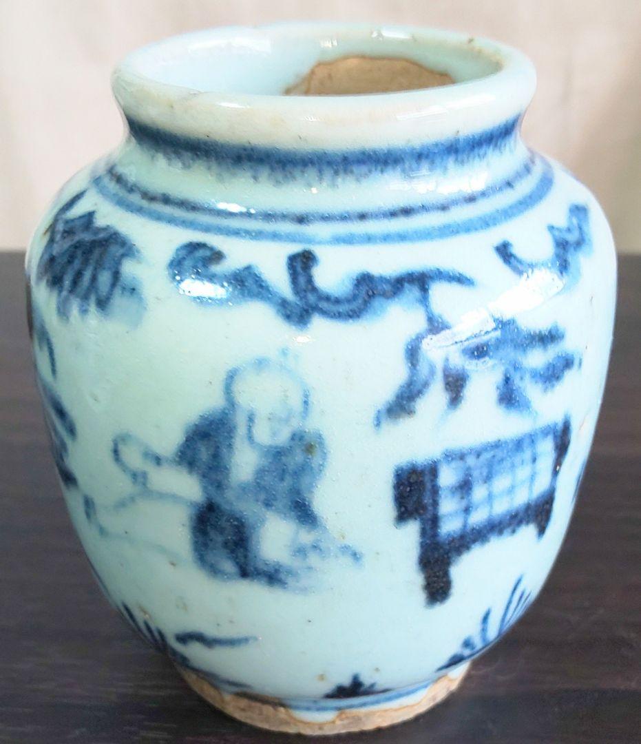 中国美術 白磁染付 明 清時代 人物花模様陶器の壺