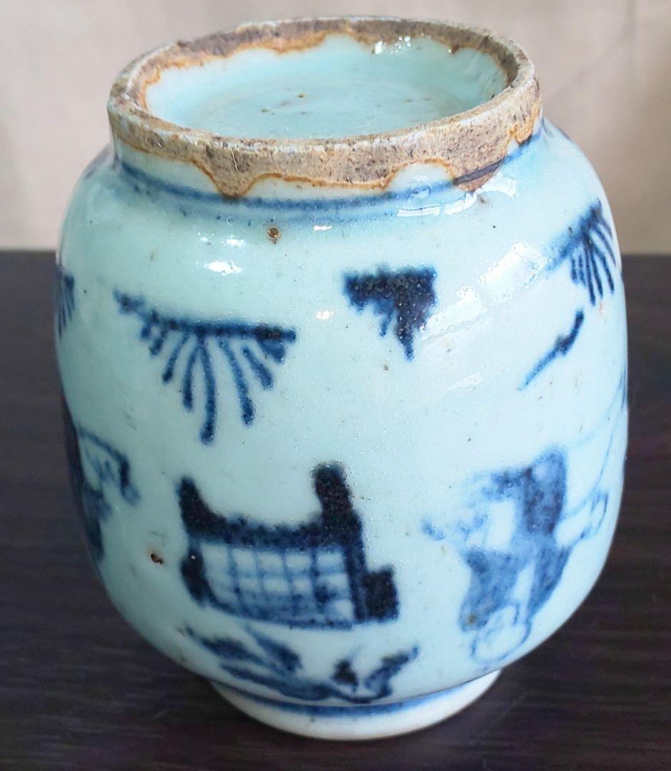 中国美術 白磁染付 明 清時代 人物花模様陶器の壺