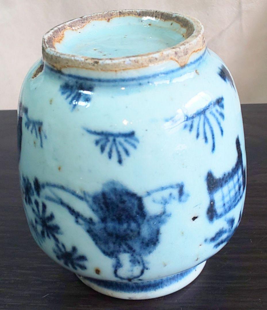 中国美術 白磁染付 明 清時代 人物花模様陶器の壺