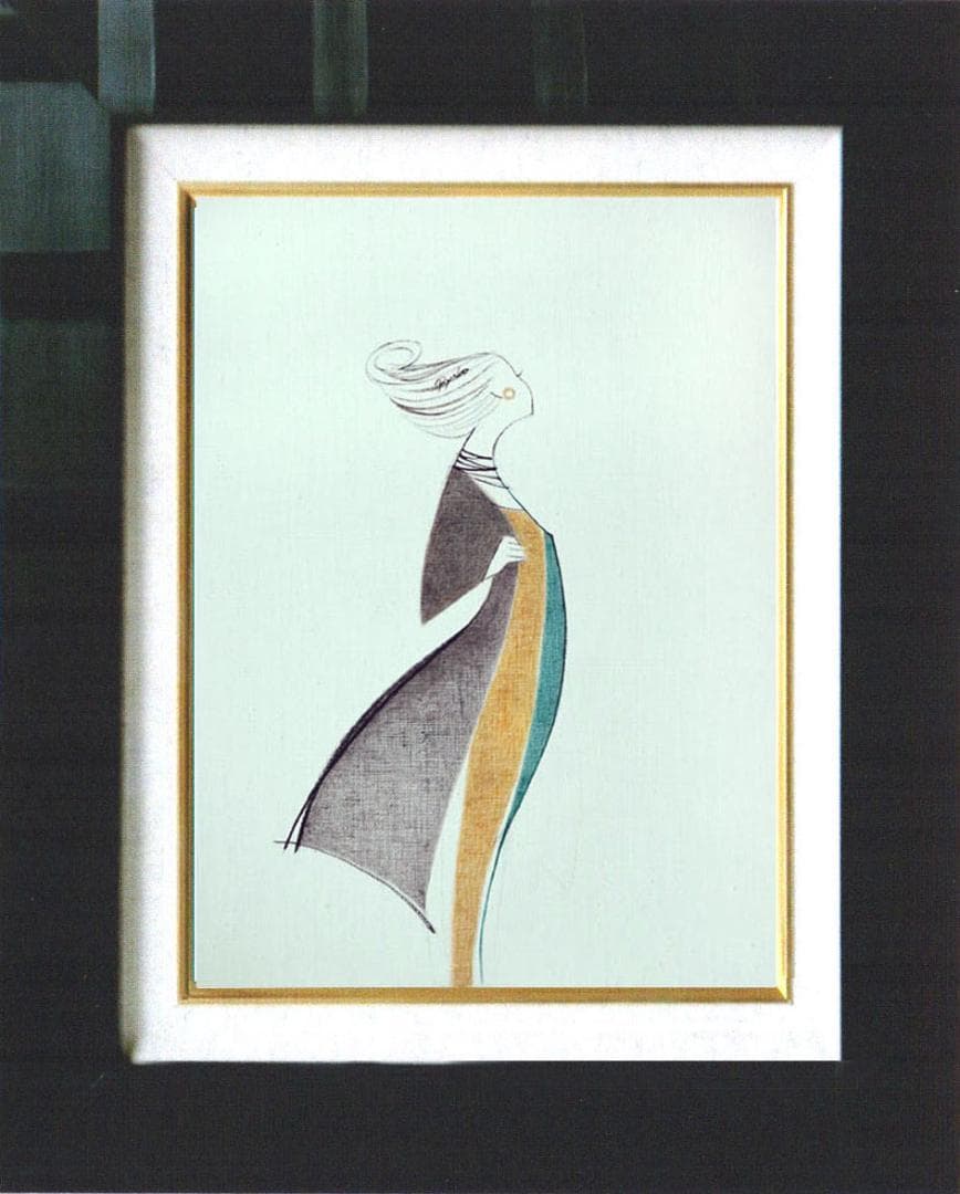 油絵 菅家令子 絵 絵画インテリア額付(青緑＋金色の枠) F4-080814女性