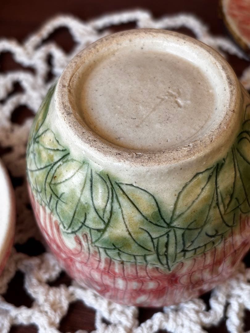 赤絵淡花茶碗蒸し 湯のみ デザート椀 2点セット＆小皿2枚つき 器 花柄
