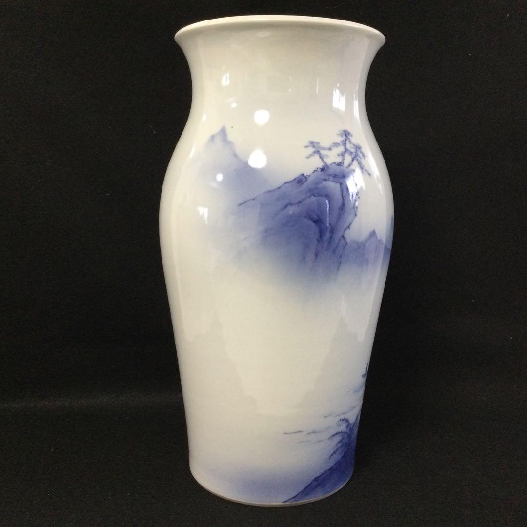 砥部焼 青染付山水図花瓶 中元竹山作 花器 L206