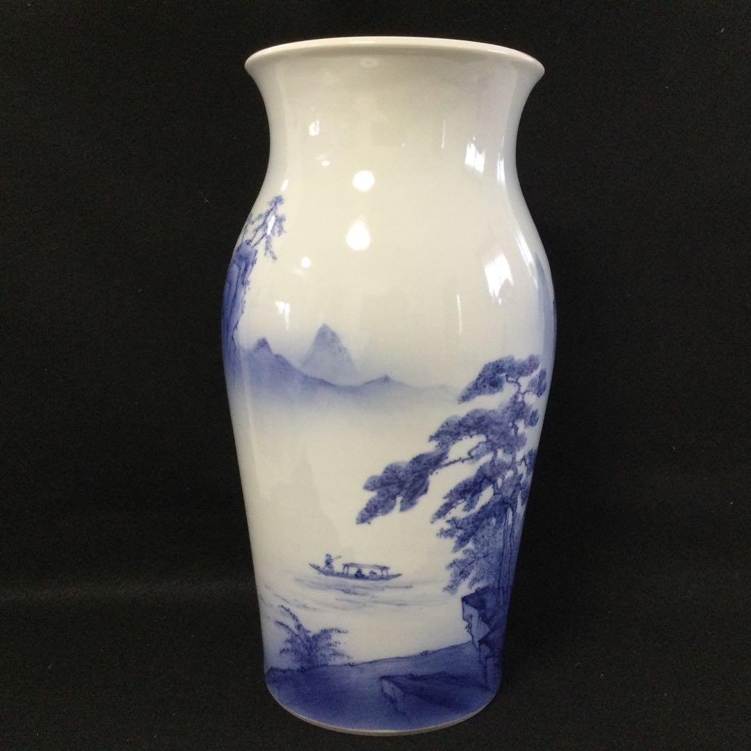 砥部焼 青染付山水図花瓶 中元竹山作 花器 L206