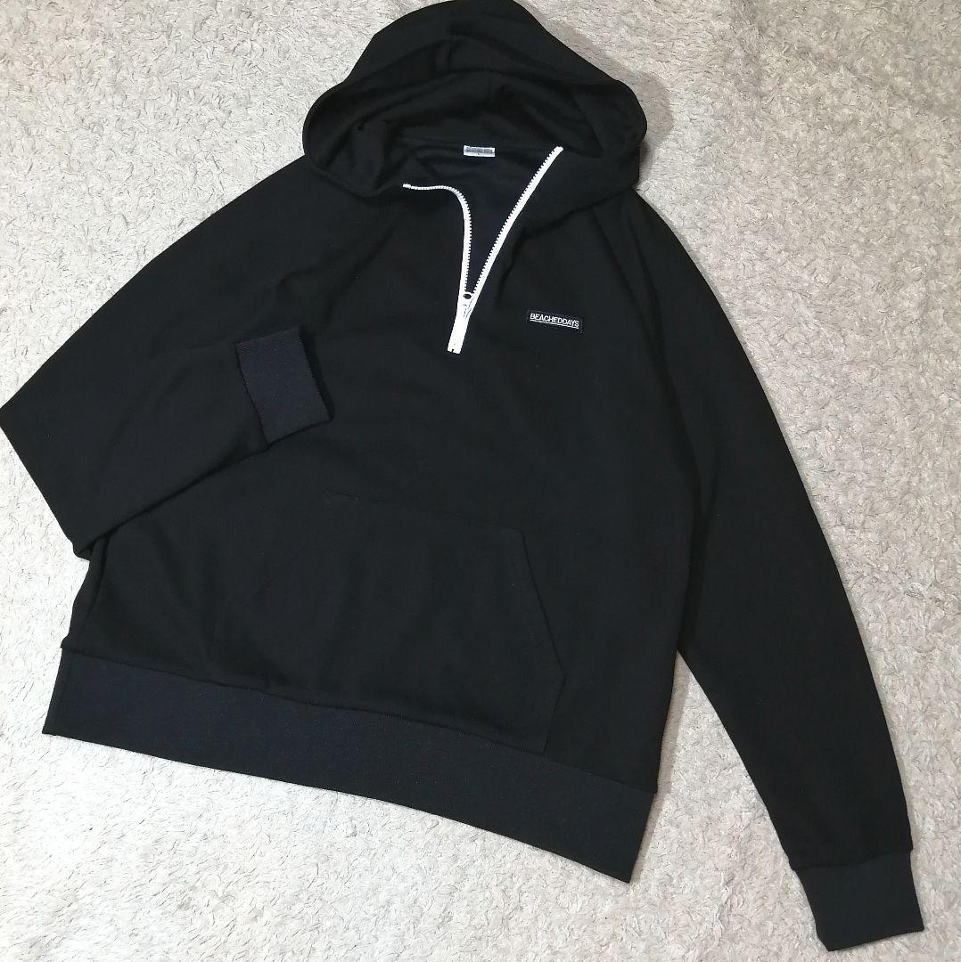 ★BEACHED DAYS★清涼 スポーティパーカー L ブラック ハーフジップ