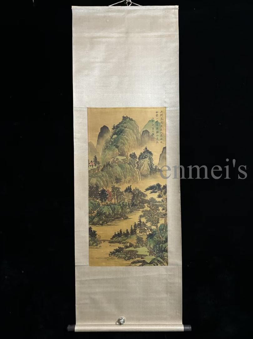 中国古美術 近時代 王鑑 水墨画 山水風景 巻物三尺 絹本 掛け軸 唐物 肉筆