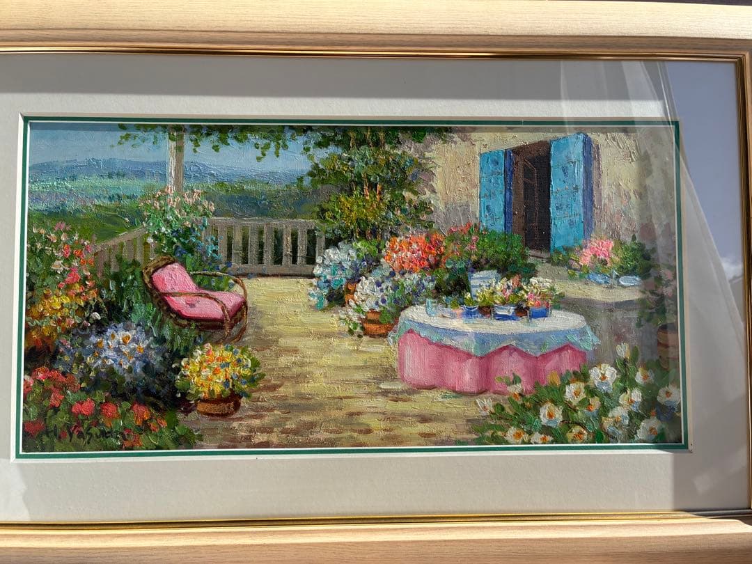 安田英明 手書き油彩画「花咲くテラス」額縁付き