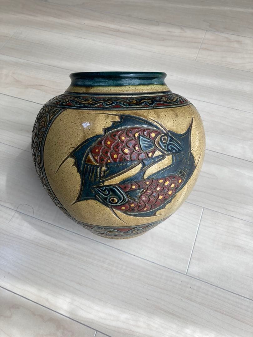 【希少】壺屋焼 やちむん 魚紋 飾り壺