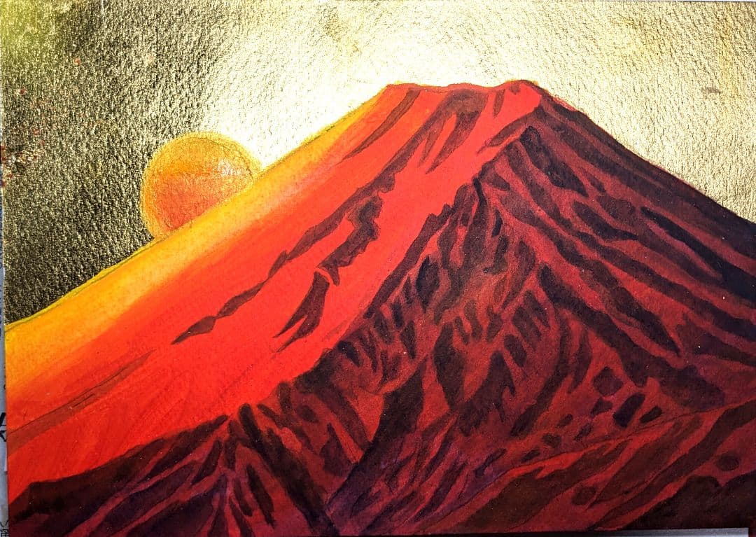 カトウ。超美品！原画　金箔で赤富士　アクリル画　水彩画　絵画