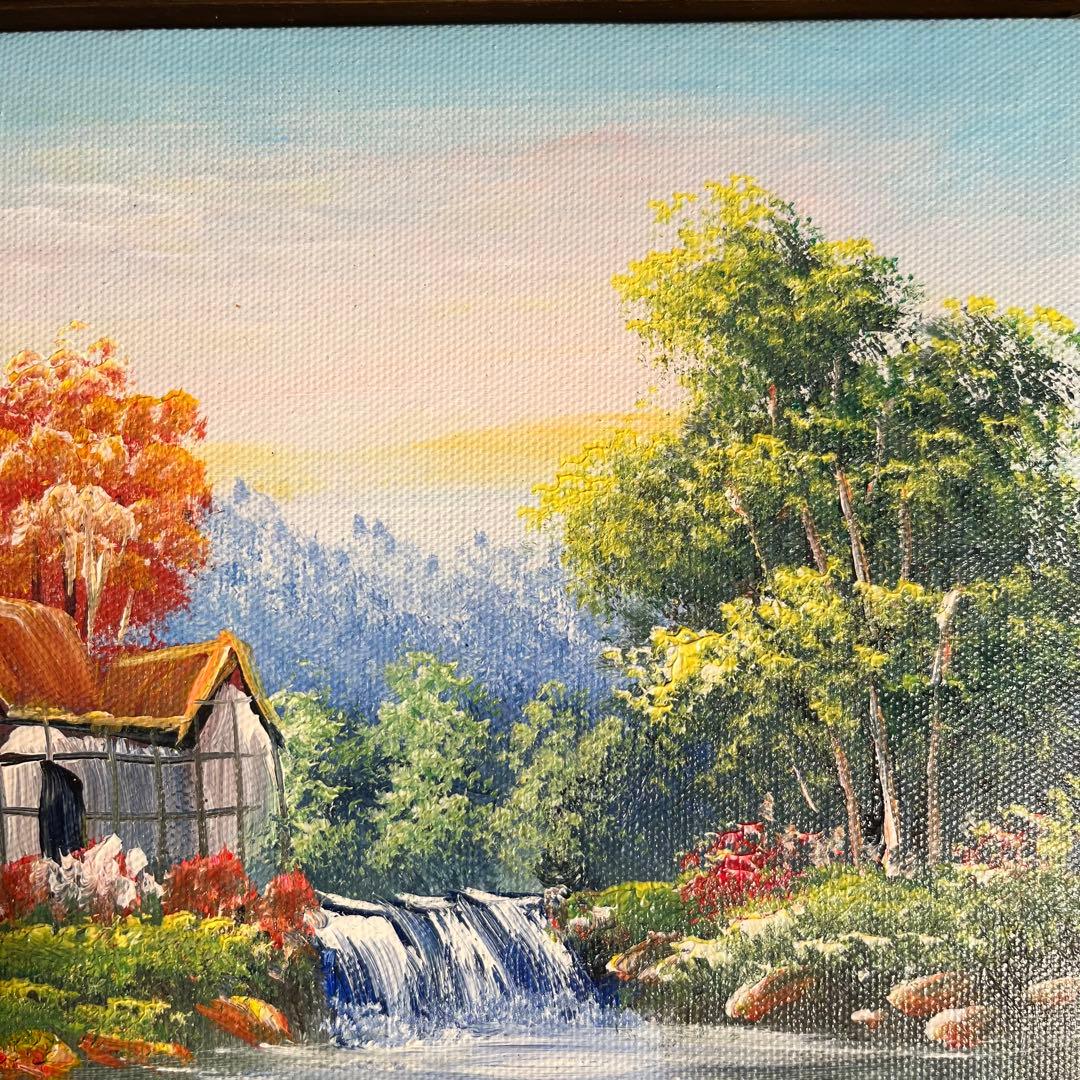 手書き油絵 山小屋に続く道 絵画 額付き インテリア 油彩画