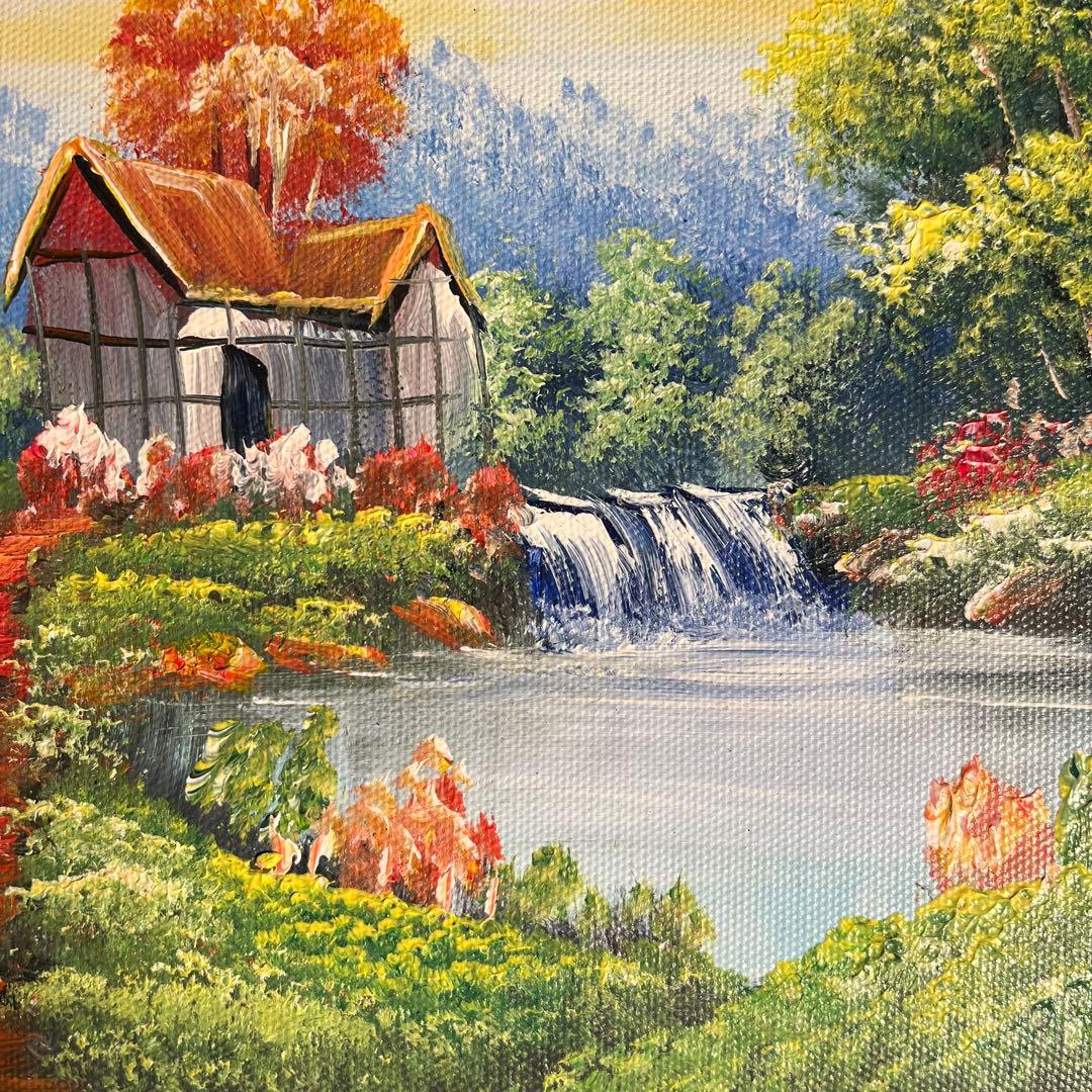 手書き油絵 山小屋に続く道 絵画 額付き インテリア 油彩画