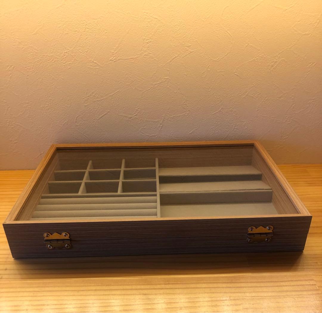 木製アクセサリーケース ガラス蓋付き　ウッドジュエリーボックス