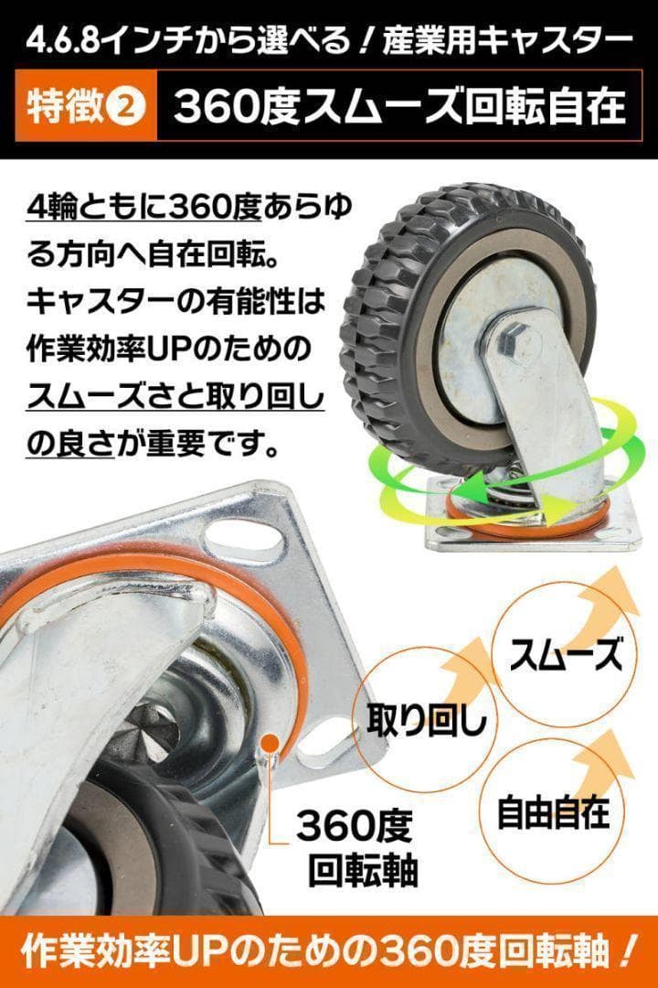 産業用キャスター 8インチ 4個 ブレーキ有×2個 ブレーキ無×2個 1785