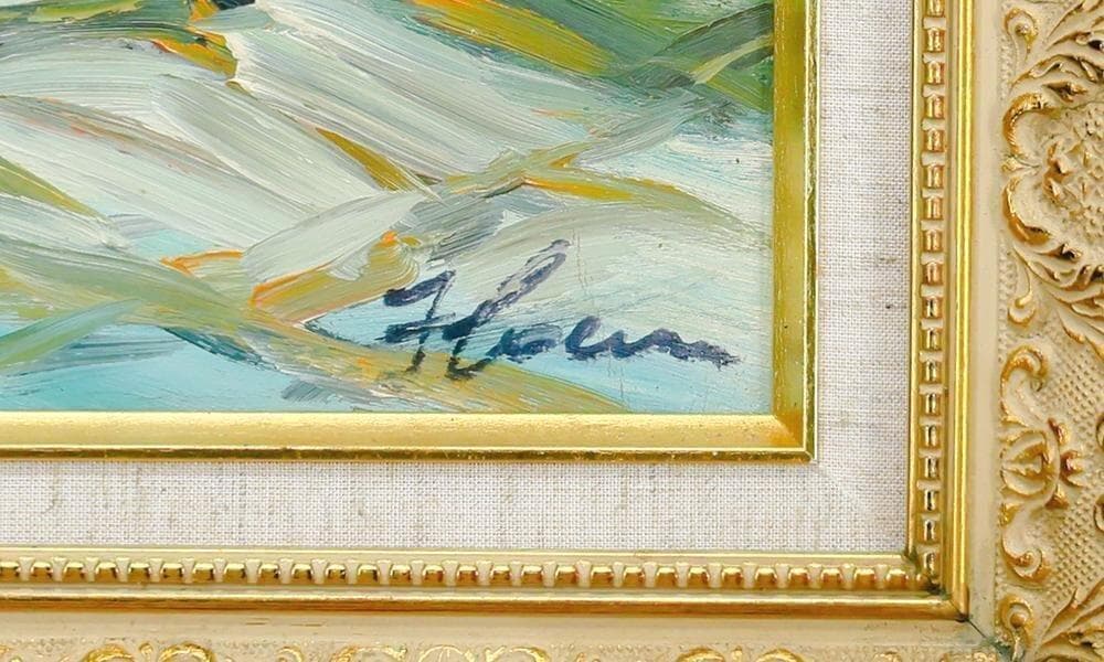 サイン有り　油彩画　１５号　大作　ナポリの下町風景「群衆と街角」