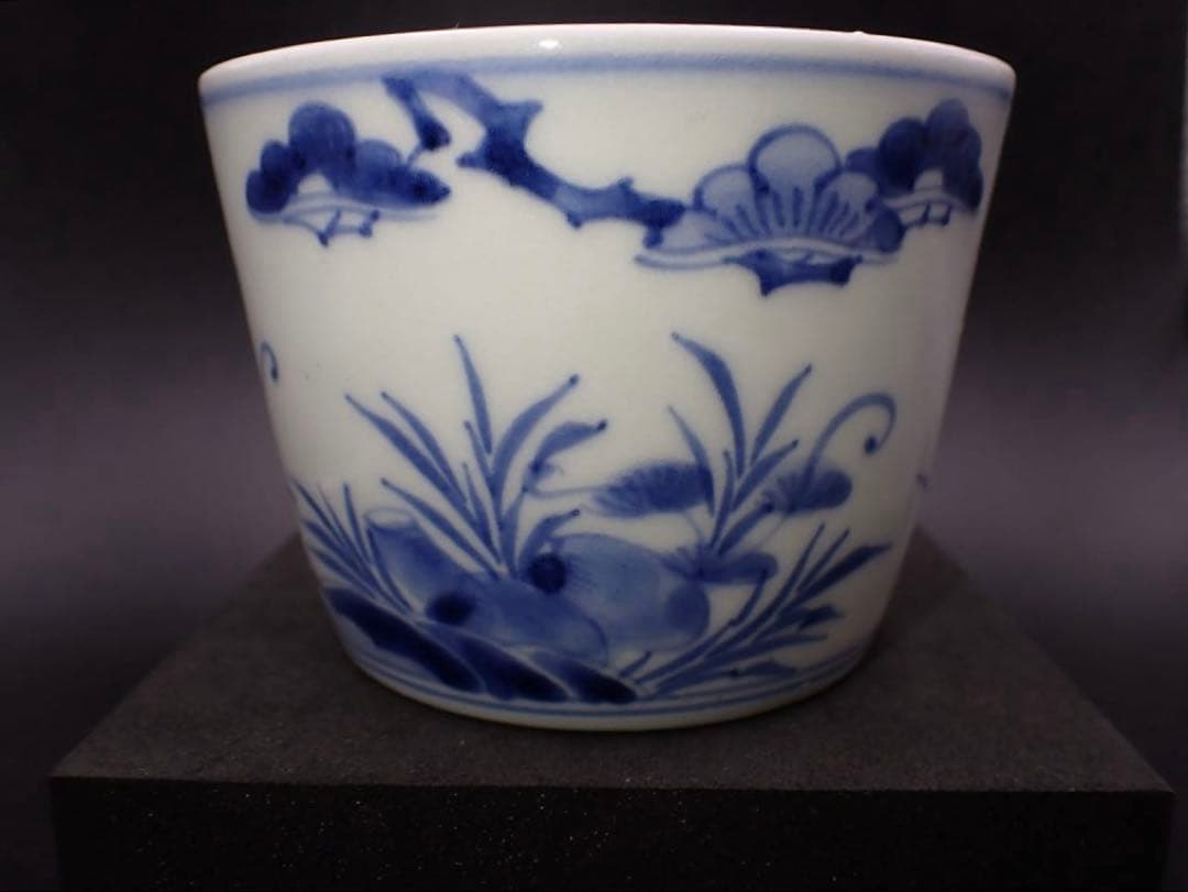 【優品】古伊万里<源氏車に松浪の図> 裏:渦福 そば猪口 大振り骨董品(青12)