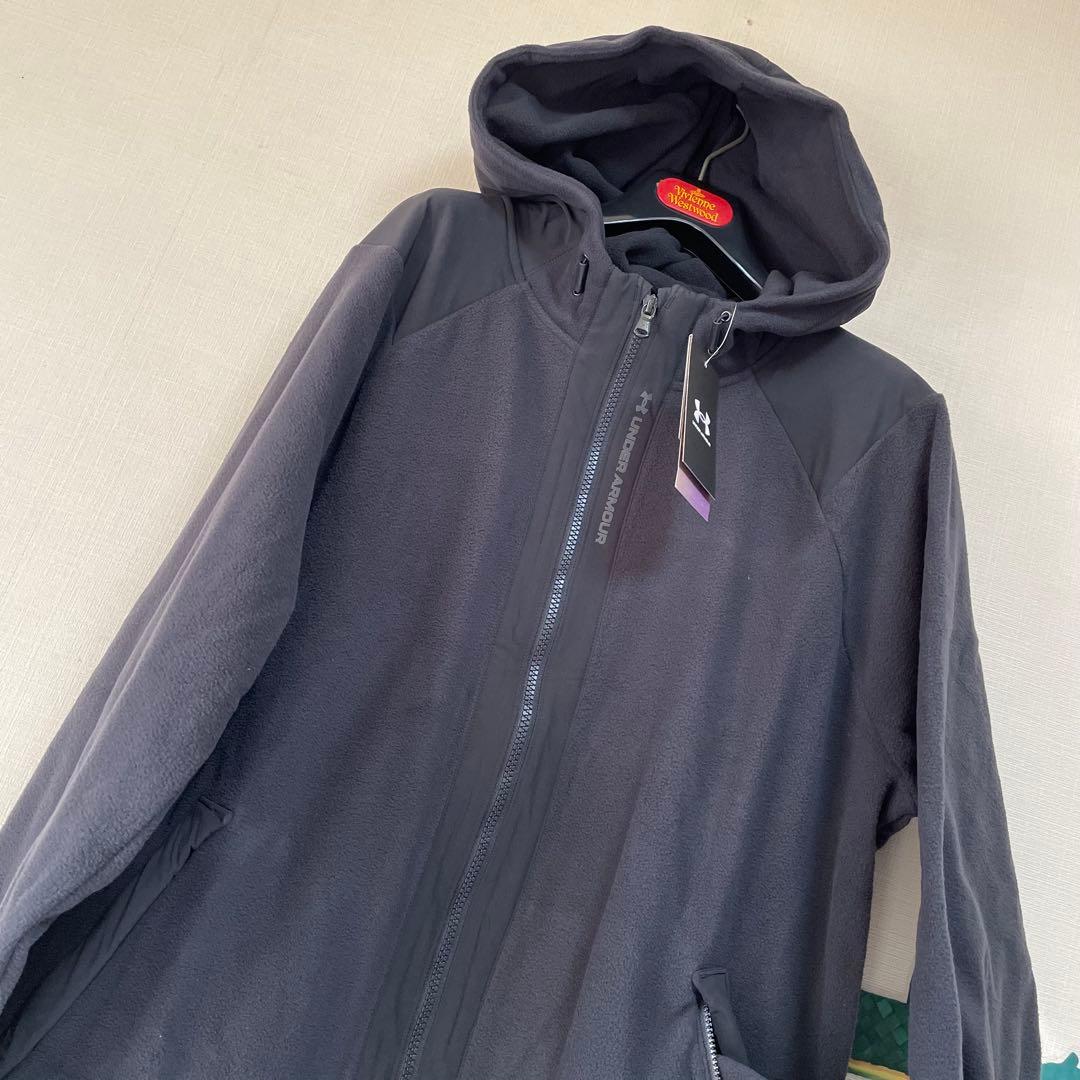 新品　アンダーアーマー 暖かフリース・ロゴ入りパーカーブルゾン「XXL・黒」